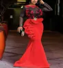 Aso ebi prom jurken zwarte tule top lange mouwen zeemeermin avondjurken met rode applique ruches meid of honor party formal vesti5687637