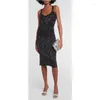 Casual Dresses Women's Fashion Knitted Strap Dress Tight Sexy V-neck Sleeveless Maxi Metal Wire Elegant Formal Evening