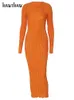 Hawthaw Women Fashion Long Sleeve Streetwear Bodycon Orange Midi Dress Autumn Clothes Wholesale Items For Business 240409