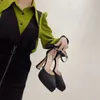 High Heel 2023 Summer Fashion Satin Face Sandaler Bow One Word Buckle Pointed Toe Thick Womens Shoes 240403