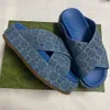 Mens Womens Platform Slide Sandal 771560 House Sandals Sandals Sandals Sandals Light Blue and Ivory DeniM Sandal Platform مع شريحة فاخرة من المطاط الفاخرة 35 45