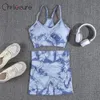 CHRLEISURE YOGA SHONTS SET TIE DYE女性シームレスサマーブラジャーハイウエストフィットネススポーツウェアプリントショートパンツ240408