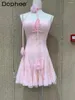 Sukienki swobodne słodki temperament koronkowy szydełko szukający szustowy tuba sukienka kobieta 2024 letnia modna różowa linia Short dla kobiet