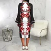 Casual Dresses 2024 Luxury Designer Office Lady Retro Print Mature Full Flare Sleeve High Waist Women Long Pencil Dress