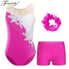 Stage Wear Kids Girls Ballet Dance Gymnastics Leotard Set Figure Skating Yoga Acrobatics Costume Sleeveless Bodysuit With Shorts Hair Band