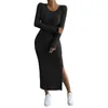 Casual Dresses Dress for Women Split Hem Slim Skinny Long Sleeve Round Neck Rands Sticked Tight Mido Midi Women's Clothing Outfit