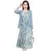 Vestidos de trabalho Conjuntos de vestidos de moda SetsFemale Summer coreano High Caist Floral Print A-line Suits chiffon 2 peças terno feminino outifits q31