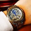 Zegarek na rękę Zachowanie dla mężczyzn Tourbillon Automatyczny mechaniczny szkielet grawerowany vintage Moon Faza Stalowy pasek ELOJ HOMBRE