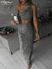 Casual Dresses ClaceVe Sexy Slim Grey paljettklänning Bodycon ärmlös ihålig ut fotledslängd elegant chic oregelbundna festkvinnor