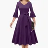 Casual Dresses Luxury Women Formal Evening Party Dress Layer Ruffled flare Sleeve A Line Demure Cocktail V Neck Belted