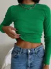 Ribbed Neck T Shirt Green Women Spring Ladies Clothes Solid Slim Mesh Sexy Cropped Long Sleeve Tops 240403