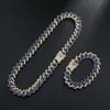 Hiphop Cuban Chain 925 STERLING Silver 14 mm Bracelet à deux tons et collier Gold plaqué Iced Out VVS Moisanite Link