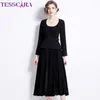 Lässige Kleider Tesscara Frauen Spring Elegantes Faltenkleid hochwertige Büro -Cocktailparty Robe Vintage Designer formelle Anlässe Vestidos