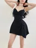 Casual Dresses Insta Pleated Sling Dress 2024 Sexy Low-Cut Slim Fit Waist-Controlled Slimming Asymmetrical A- Line Skirt