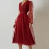 Sukienki swobodne eleganckie kobiety siatkowe patchwork długie szyfonowe głębokie v szyja decko -ruszt