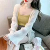 Damen Strick Frauen Jacke Langarm Rüsche Rüsche Streetwear Casual Cardigan Chiffon Koreanisch Achselzucken Frühlings Sommer Feste Farbe