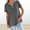 Kvinnors blusar Pullover Tops med Pocket Stylish V-Neck T-shirt Knappar Solid Color Loose Fit Tee Shirt för sommaren