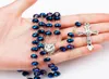 Binchas de cristal azul de 6x8mm de colar católico do rosário com medalha de solo sagrado Crucifixo Oração Religiosa Jóias Cruzadas6274397