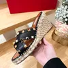 Genuine Leather Rivet Wedges Slippers Women Shoes Open Toe Hemp Rope Thick Sole Slide Mules Ladies Shoes