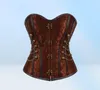 Kobiety vintage steampunk Gothic PU skórzane panele Jacquard Overbust Top z łańcuchami i przyciskami Akcent S6xl Plus Size Brown4134504