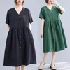 Party Dresses 2024 Solid Color V-Neck Single Breasted Cotton Loose Summer Blue Dress for Women Travel Casual Long Lady Work