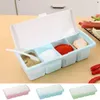 Storage Bottles Plastic 4 Grids Seasoning Box With Spoon Dustproof Spice Jar Lid Pink/Blue/Green Condiment Container Salt