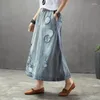 Kjolar tecknad broderi denim kvinnor vintage konst rippad överdimensionerad kvinnlig elastisk hög midja lång maxi jeans kjol