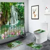 Shower Curtains Forest Waterfall Scenery Curtain Pink Flowers Green Plants Swan Landscape Bathroom Decor Non-slip Rug Toilet Bath Mat Set