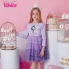 Girl's jurken Vikita Girl Flare Sleeve jurken Kids Princess Dress Girls Purple Mesh Tule verjaardagsfeestje optreden gelaagde jurk T240415