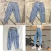 Kvinnors byxor capris höst jeans last kvinnor denim joggare elastisk midja stretch kvinnor avslappnad vintage tvätt lös fit rippad sh190 dheaq