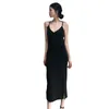 Casual Dresses Korean Fashion Sleeveless A-Line Dress Black Sexy Short Female V Neck Long Sleeve Slim Solid Color Mid Calf