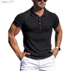 T-shirt da uomo Nuove ploo estivo maschile solido striscia fitness elastico polo a maniche corta maschile stand up mochile da uomo YQ240415