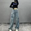 Kvinnors jeans kvinna tungt diamanttryck hög midja lös rak mångsidig streetwear-knapp casual denim bredbens moppbyxor