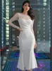 Elegant Office Lady Dress White ONeck Perspective Mesh Full Sleeve High Waist Folds Temperament Tight Trumpet Party Women 240415