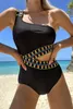 Swimwwear Black Zigzag Accent Couture une épaule sexy o cou de couche sans manches