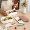 Dinnerware Wood Grain Double Layer Plastic Lunch Box Microwave Oven Adult Bento Storage Containers