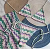 Paris Crochet Three Piece Bikini Set Ladies Luxury Beach Skirt Striped Swimwear Designer Swimsuit Women's Sexy Beachwear Push Up Halter Bathing Suits Brand Unpadded