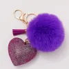 Keychains Lanyards Fluffy Plush Ball Keychain Faux Fur Pompom Rhinestone Heart Bag Pendant Key Ring Solid Color Key Chains