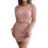 Women's T Shirts Women Fall 2 Pieces Outfits Solid Color Twist Knitted Round Neck Long Sleeve Cropped Sweater Wrapped Hip Mini Skirts Set