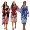 Vrouwen zomer 3/4 mouw kimono zwempak bedek bloemen geprinte open voorkant losse vesten sjaal strandjurk met riem