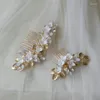 Hair Clips Handmade Bridal Comb White Ceramic Flower Headpiece Gold Color Leaf Wedding Accessories Opal Crystal Jewelry