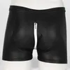 Män sexiga underkläderbyxor dragkedja Crotch Faux Leather Boxer Low Rise Elastic Waistband Shorts Nightclub Stage Performance Costume 240410