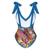 Женские купальные костюмы ретро Blue Deep V Print One Piece Swimsuit 2024 Высококачественная пляжная одежда без спинки.