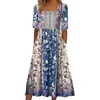 Casual Dresses Boho Long Dress Bohemian Ethnic Print Midi med sidfickor veckade A-line Hem Women's Summer Daily Wear i Soft Round