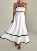 Ladies Elegant Slip Patchwork White Dress Ruffles Loose Summer Party Female Causal Strapless Black 240415