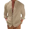 Koszule męskie lniane guziki na guziki w dół koszule vintage bawełniany kołnierz swobodny opaska 3/4 Turek luźne koszulki retro trójwymiarowe 2404152