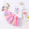 Primavera/estate Nuovo 2024 Easter Egg Baby Set maniche volanti Sweetheart Rainbow Princess Abito set da tre pezzi