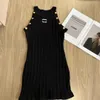 Summer new designer halter design sense metal buckle decorative knitted sundress slimming hip wrap slip dress Alphabet embroidery luxury top