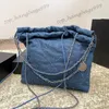 Women Luxury Blue Denim Coin Shopping Shoulder Bag Large Capacity Luggage With Silver Chain Round Strap Crossbody Handbags Rivet Diamond Lattice Quilted Purse 34CM