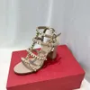 24 Summer V Family Slim Ankle Hook Buckle with Naked Paint Leather Thick Heel Sandals Versatile Sexy Rivet High Heels
